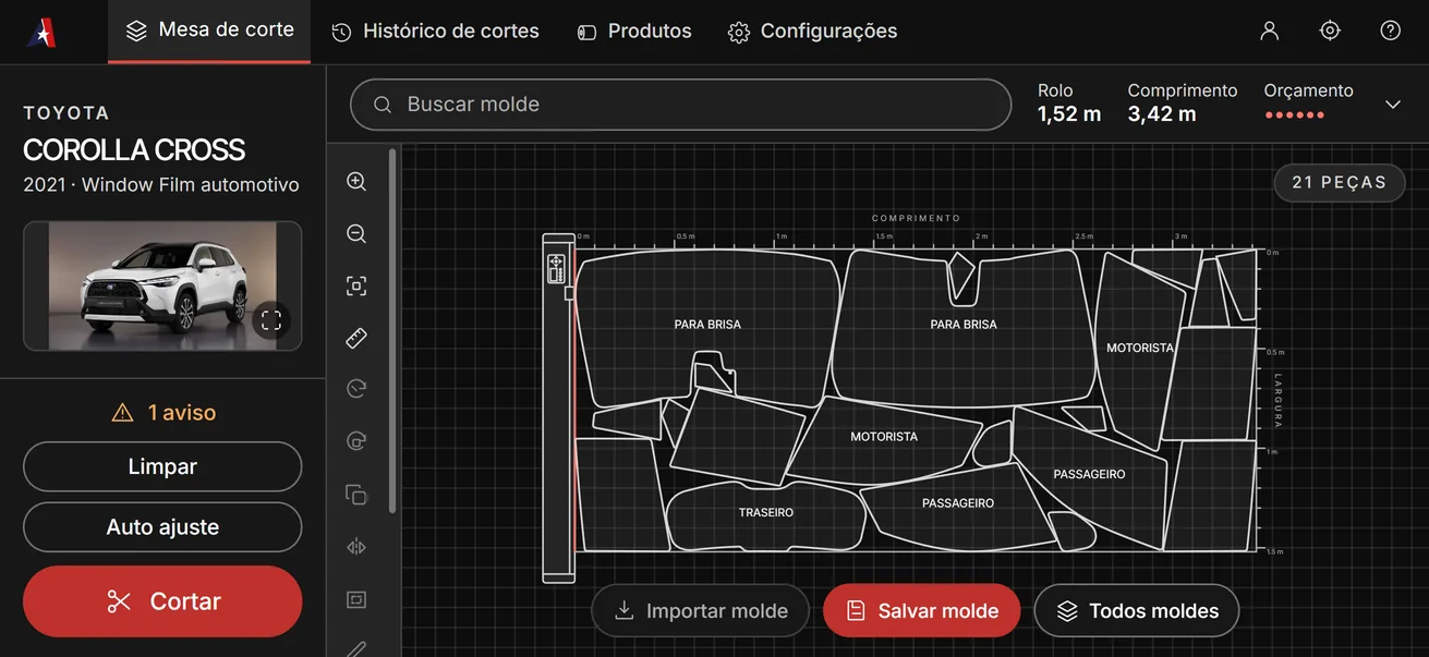 O American Cut no celular, com as peças encaixadas na mesa de corte
